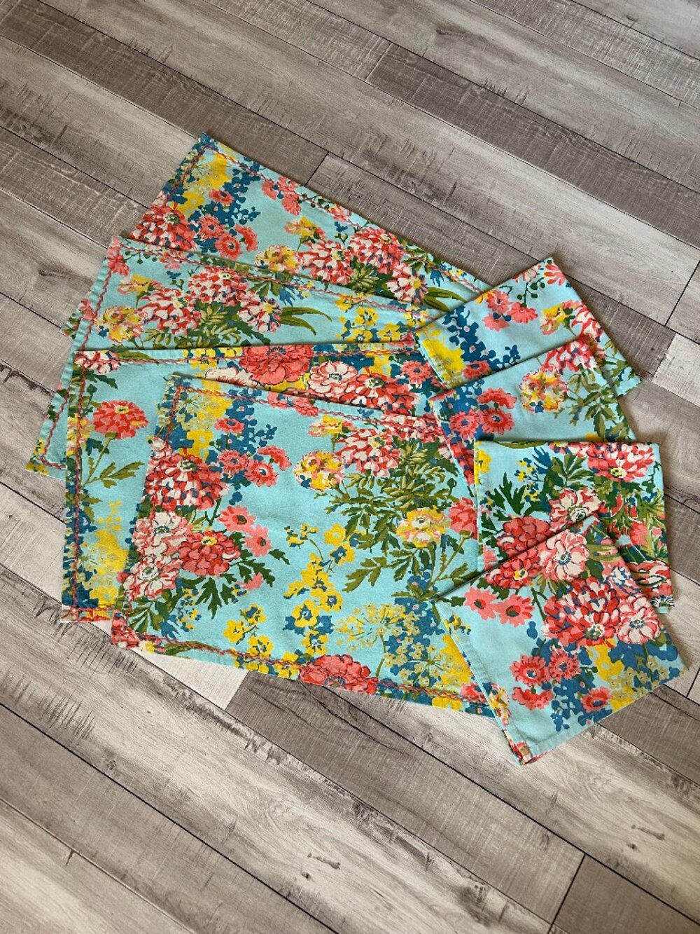EXC April Cornell 8-Pc Placemat & Napkin Set Aqua Zinnia Floral Cotton